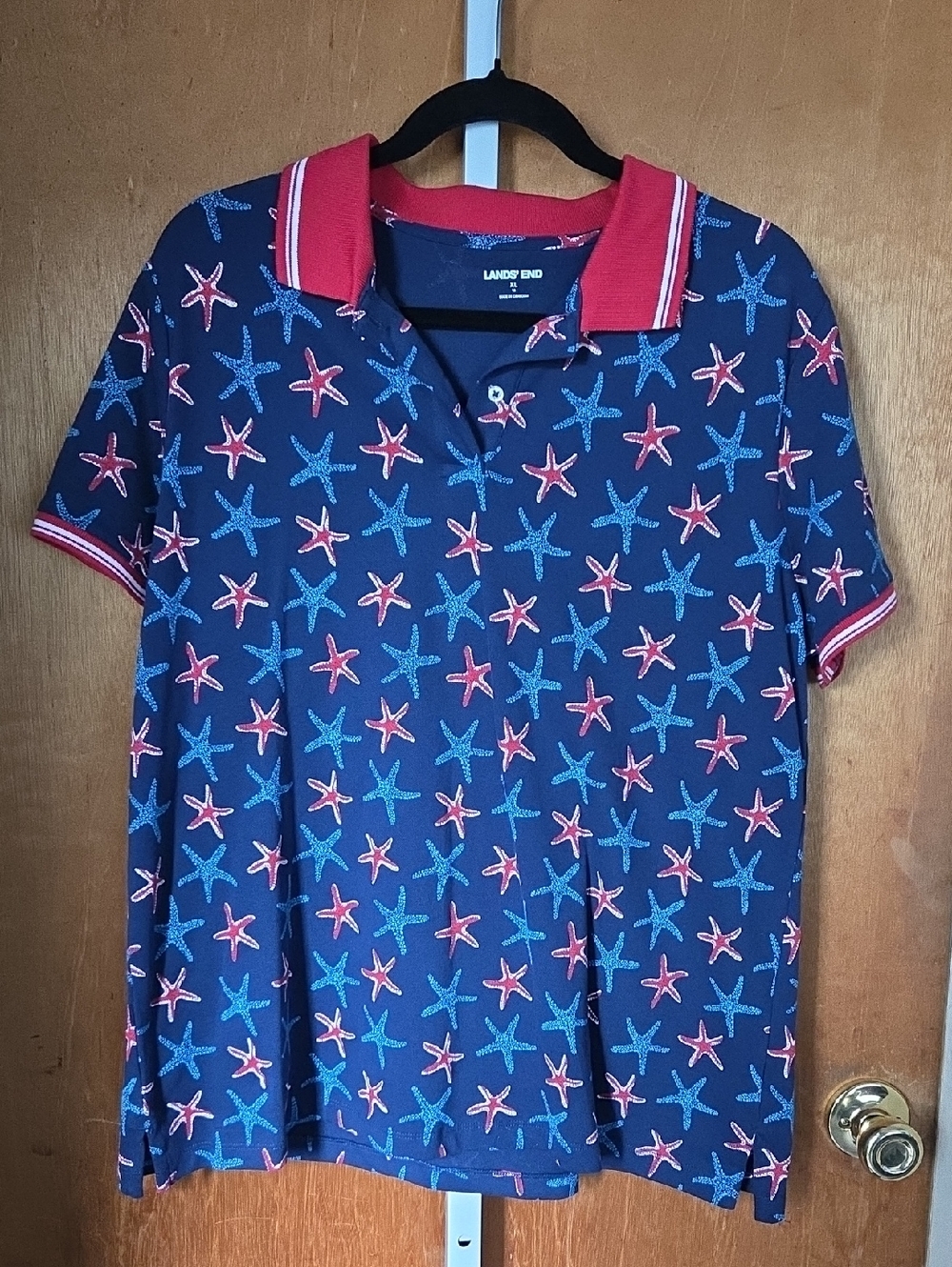Lands' End Womens Mesh Cotton Polo - Red, White & Blue Starfish Print Size XL